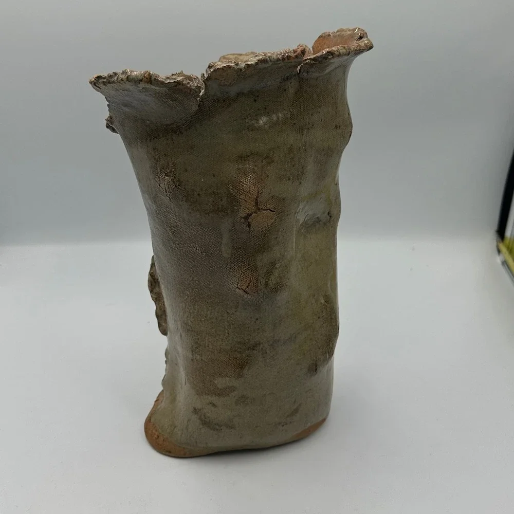 HIL Studio Pottery Vase 1986 Sea Anemone Tan Olive Brutalist Organic Art Vessel
